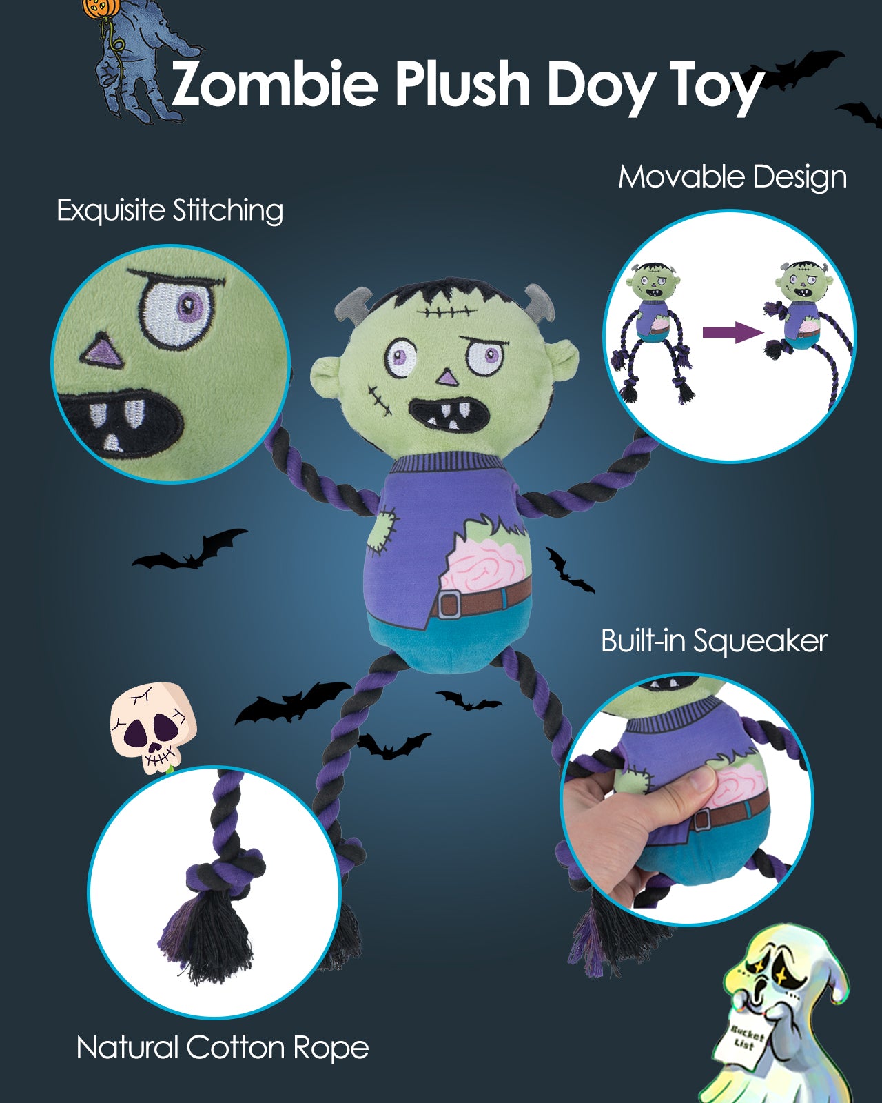 Halloween Zombie Dog Squeaky Toys With Rope