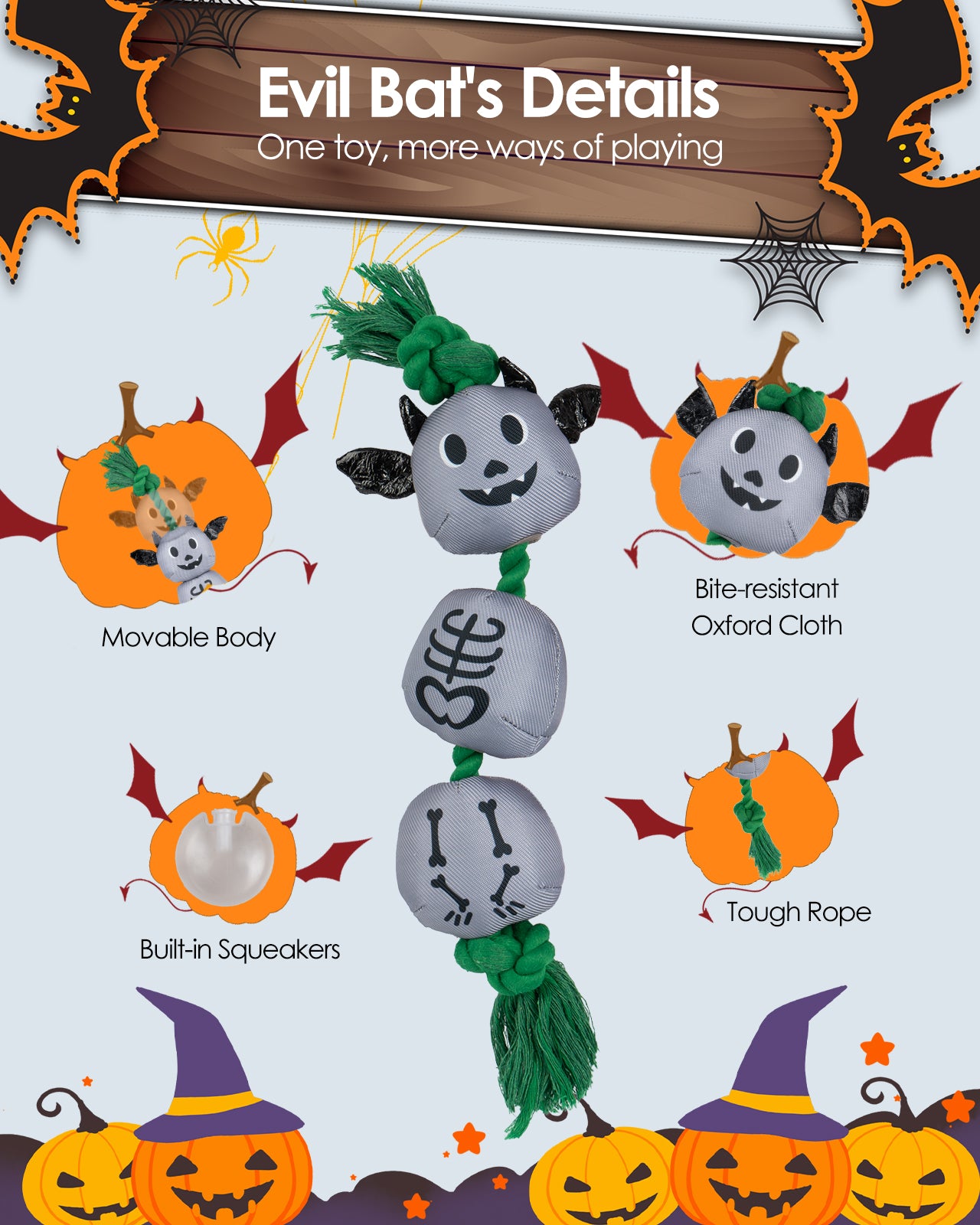 Halloween Bat Dog Squeaky Toys with Rope
