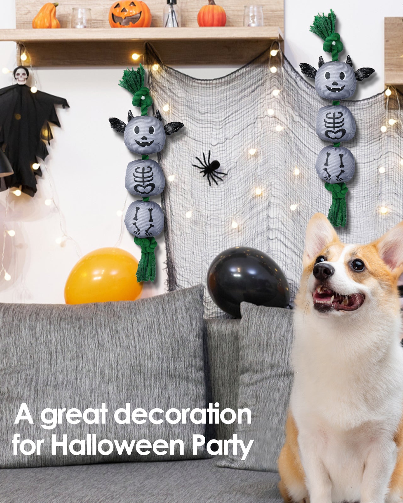 Halloween Bat Dog Squeaky Toys with Rope