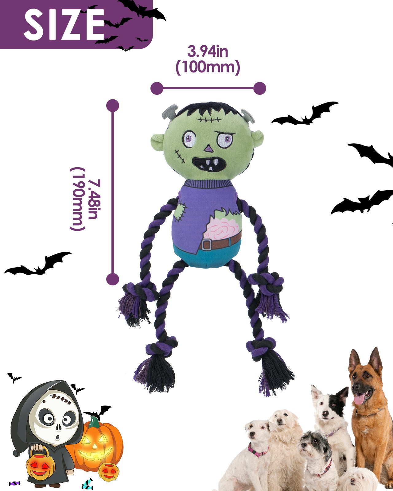 Halloween Zombie Dog Squeaky Toys With Rope